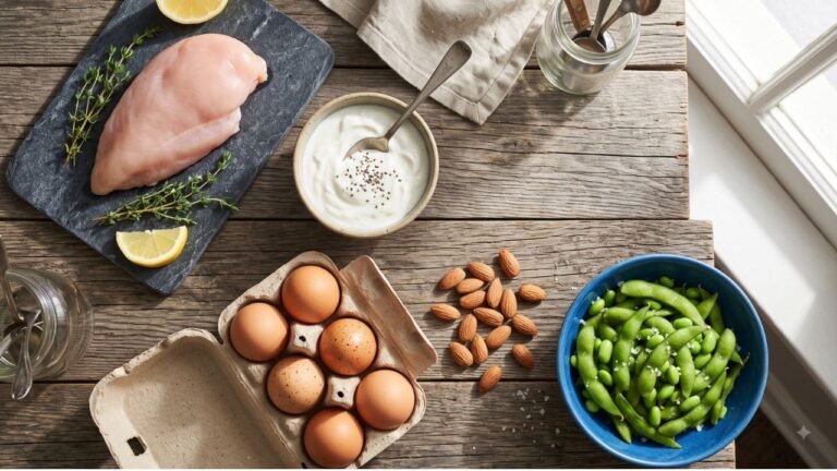A rustic wooden table displaying various high-protein foods like eggs, Greek yogurt, chicken breast, and almonds.