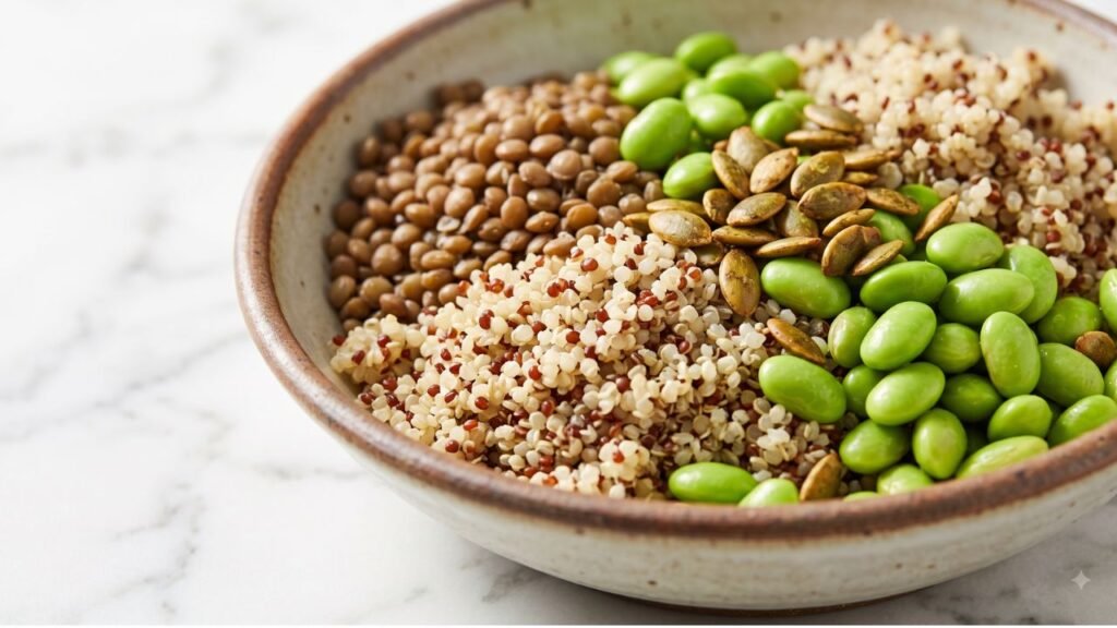 A close-up of a plant-based protein bowl featuring quinoa, lentils, edamame, and pumpkin seeds.