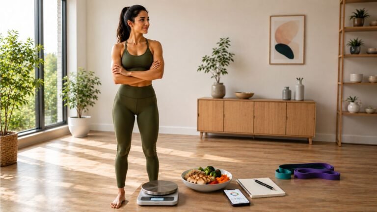 Woman with a food scale, healthy meal, and tracking app for a calorie deficit.