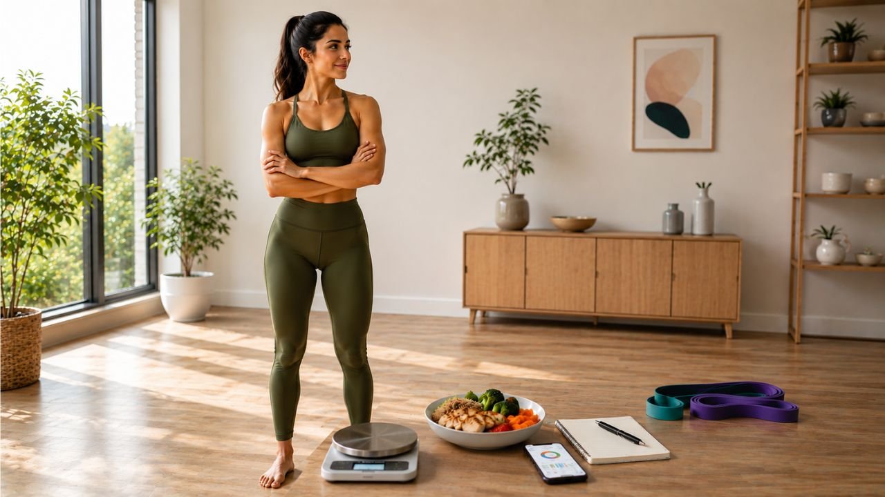 Woman with a food scale, healthy meal, and tracking app for a calorie deficit.
