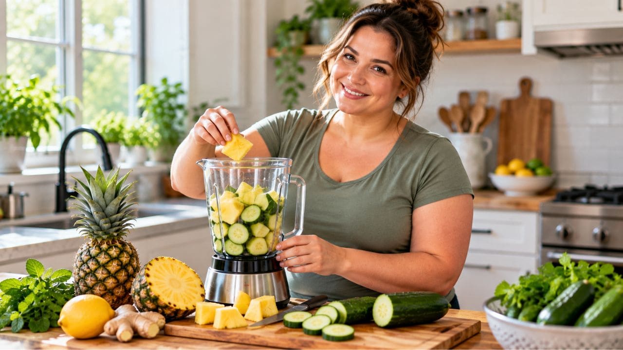 Woman preparing homemade pineapple and cucumber juice in a kitchen